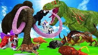 20 Boss Tiger Wolf Evil vs 10 Giant Bull Attack Baby Cow cartoon Saved By Mammoth vs Tiger Wolf