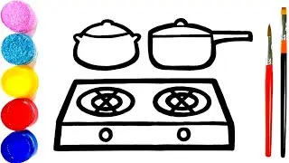 Gas Stove and Pan Drawing, Painting and Coloring for kids & Toddlers | Easy Cooker Drawing