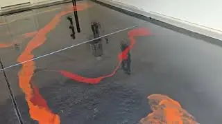 Metallic Marble Epoxy Flooring Silver Black with red-orange and wine red highlights 