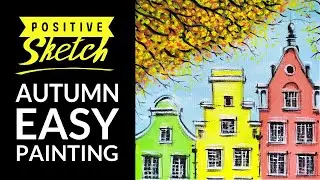 Acrylic painting tutorial, Autumn city, Easy acrylic painting for beginners