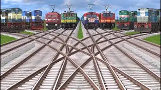 01241 8 Trains Crossing On Daimond🏁Curved Animated Railroad Tracks/ indian railways/amtrak