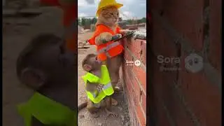 Best Construction Crew! Cat & Monkey👷🐱🐵最強の現場コンビ！👷🐱🐵猫と猿のレンガ職人 सबसे मेहनती मिस्त्री! 👷🐱🐵#Shorts #Viral