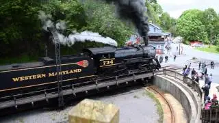 Western Maryland 734 Takes a spin on the Turntable at Frostburg 5/18 HD