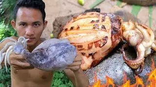 Primitive Technology - Grilled Squid ( 1 kg )on a rock & Eating extremely delicious