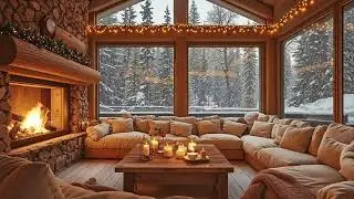 Warm Winter Cabin Jazz ✨ Snowy Fireplace Atmosphere | Chill Smooth Jazz for Cozy Evenings