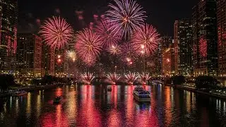 4K (No Sound) July 4th City Fireworks Background &mdash; Festive Night Skyline Loop with Reflections