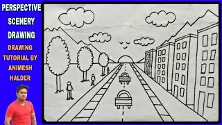 Perspective Drawing. Mountain Scenery Drawing in Perspective method. Car Drawing. Sketch Drawing.