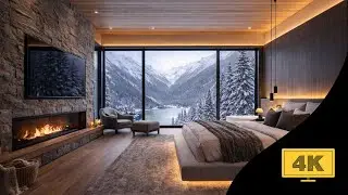 Cozy Mountain Cabin Ambience | Fireplace + Snow Outside | 1 Hour 4K | 2 of 100 Relaxing Room