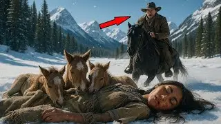 Joven mujer nativa y tres potras abandonadas en la nieve: Un vaquero y su caballo las salvaron.