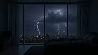 Loud Thunderstorm over City at Night | Heavy Rain & Lightning Sounds for Sleeping (Dark Screen)