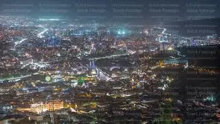 Aerial night timelapse of Rike Park, a modern urban park in Tbilisi's Old Town. Georgia