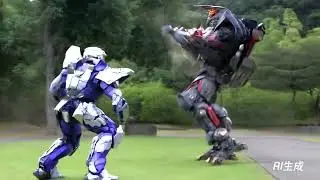 Police robot fight with villain at Park in future 