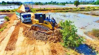 Many trucks preparing to dump soil, Land filling, Bulldozer SHANTUI DH17C3 Push Land