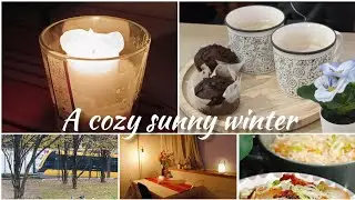 A cozy sunny winter, home made cake with hot coffee, a little sunny walk