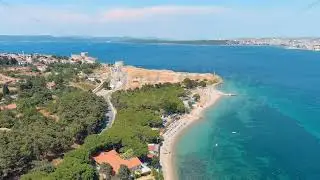 Kilitbahir, Turkey. Aerial drone flight along the coastline of the Dardanelles Strait towards the...