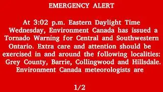 Environment Canada, Alert Ready - Tornado Warning, Across Central & Southern Ontario