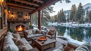 Snow Falling at the River Cabin Porch ❄️🔥 This Winter Forest Porch Campfire and Piano Music