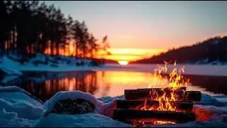 Evening Winter Campfire Ambience 🔥 Lake at Sunset with Calm Fire Crackling Sounds