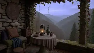 Rainy Mountain Terrace Ambience | Cozy Stone Cabin, Lantern Light and Stormy Valley View (3 Hours)