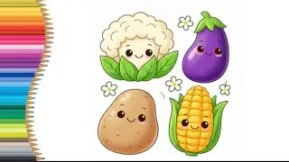 Cute Kawaii Vegetable Drawing | Easy Cauliflower, Eggplant, Potato & Corn Art for Kids 🌽🍆🥔