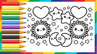 Dibuja y Colorea Corazones, Soles, Lunas y Estrellas Brillantes de Colores Fantásticos.