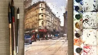 Easy watercolor exercise of city street scenery for semi advance beginners - simple techniques