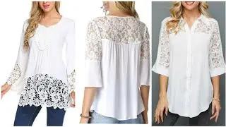 Most running and fabulous embroidered lace applique work women white color tunic top shirts blouse