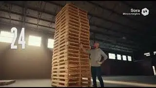 Bald man stacks 20 wood pallets