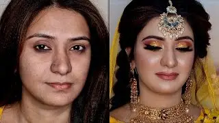 Haldi bridal makeup tutorial | Modern mehndi bridal makeup || yellow pink eye makeup tutorial