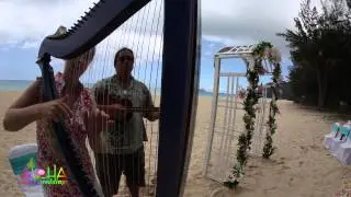 Walt Keale and Megan jamming before a Hawaii wedding on harp + ukulele