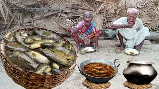 Traditional recipe Grandma and grandpa village style cooking KOI FISH Curry and hot rice eating||