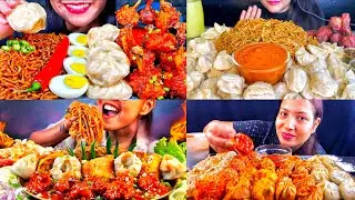 EATING MOMOS NOODLES CHICKEN LEG PIECE VEG CHOWMEIN SPRING ROLL BLACK BEAN NOODLES EATING VIDEOS 