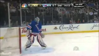 Zdeno Chara breaks Henrik Lundqvist's mask. May 23 2013 Boston Bruins vs NY Rangers NHL Hockey.