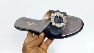 Kim Dark Gray Crystals Satin Fabric Leather Women Slippers