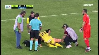 An injured player in Greece receives hilariously bad treatment as he's stretchered off the pitch