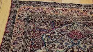 19th-Century Persian Kerman Lavar Area Rug in Floral Design in Ivory, Red, French Blue, SKU 1913
