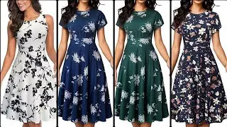 HOMEYEE Women casual wear printed short A-LINE midi dress skater dress swing dress 👗 design 2023-24