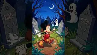 Mickey Mouse running playfully through a cartoon graveyard