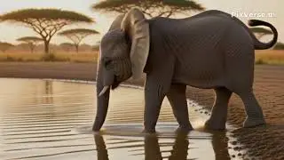 A baby elephant drinks water from a lake on safari