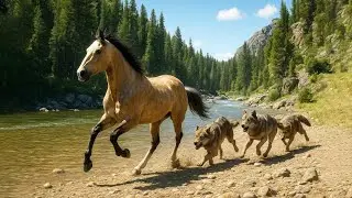 Silver tail Buckskin Horse Hunted by the Timber Wolves
