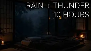 Soft Rain & Distant Thunderstorm ASMR | 10 Hours &bull; Dark Room Ambience For Sleep &bull; Fireplace