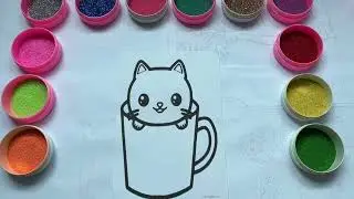 ASMR | Coloring Cute Kitty Cups Using Colored Sand | SAND PAINTING | SAND ART | KINETIC SAND