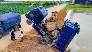 Move Carefully Initial Phase Filling Land! Dump Truck back Uploading Stuck!! With Dozer Pushing Soil