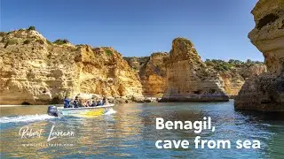 Benagil cave and rock formations, from the sea. Portugal.