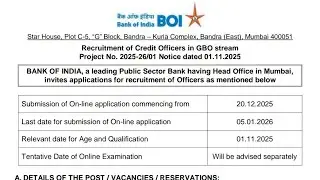 Bank of India (BOI) Recruitment of Credit Officers in GBO Stream ll Last Date ll Salary ll Fees ll 