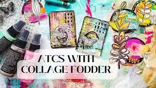 Using my Collage Fodder Embellishments on Mixed Media ATCs with Distress Oxide Sprays and Neocolors
