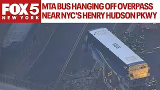 MTA bus hanging off overpass near NYC's Henry Hudson Parkway
