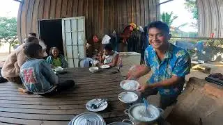 Wake up early in the morning, cook rice, steam chicken, and eat with the family.