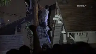 Мужчина забрался на столб электропередачи, привлекая внимание большой толпы, прежде чем был задер...