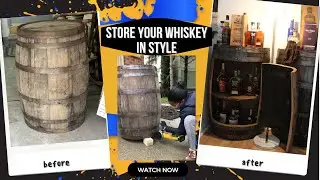 DIY barrel liquor shelf // whiskey cabinet